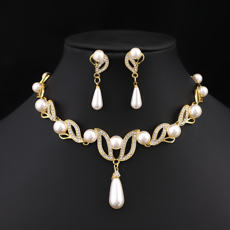 Sophisticated Gold-Tone Pearl Teardrop Jewelry Set